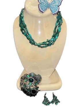 Lot Of 3 Pieces Of Stunning Turquoise Rhinestone Jewelry Set with MOP Necklace